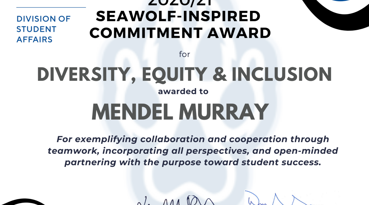Certificate for Mendel Murray for Diversity, Equity & Inclusion Award
