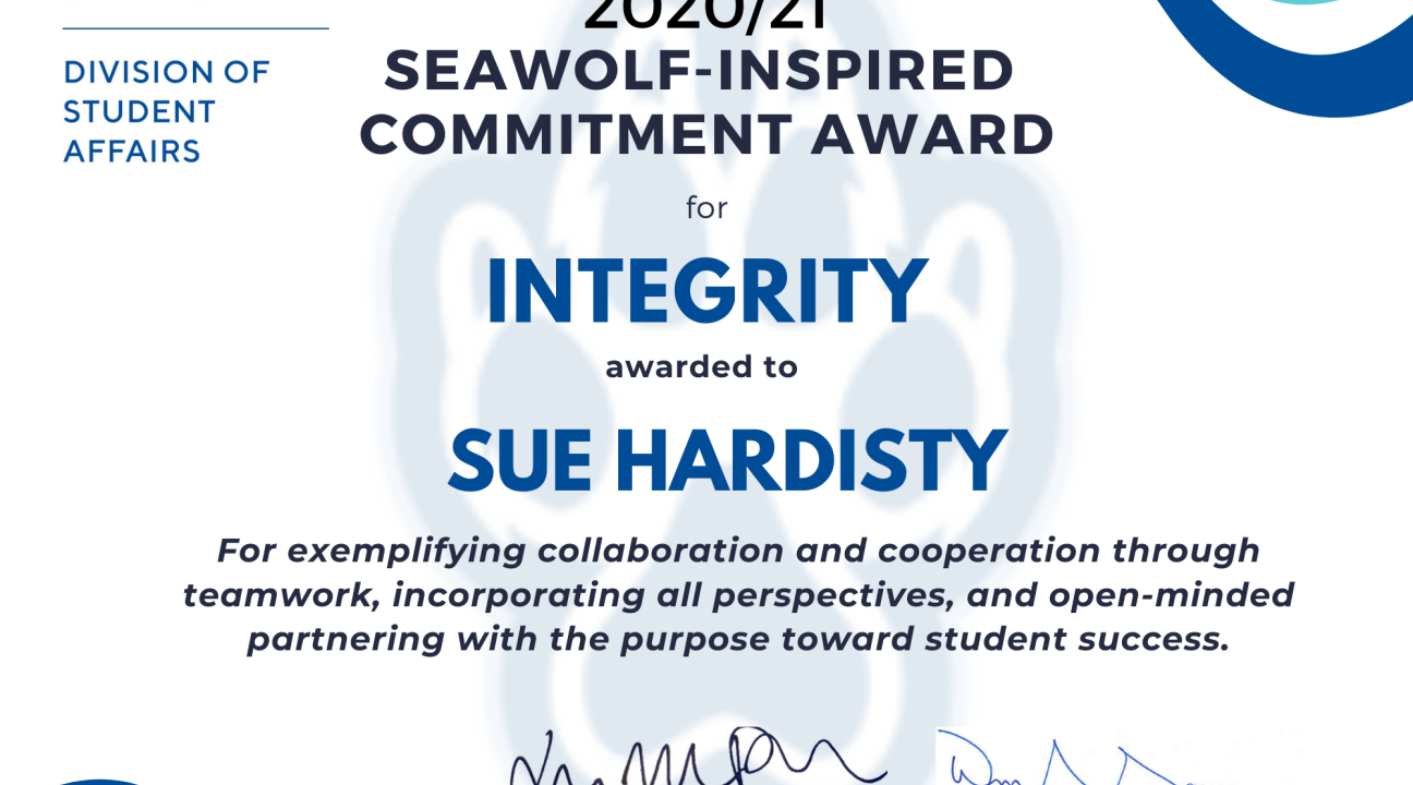 Certificate for Sue Hardisty for Integrity Award