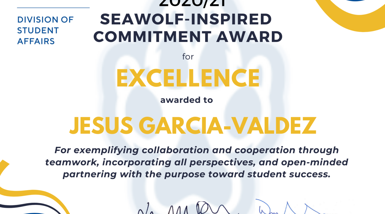 Certificate for Jesus Garcia-Valdez for Excellence Award