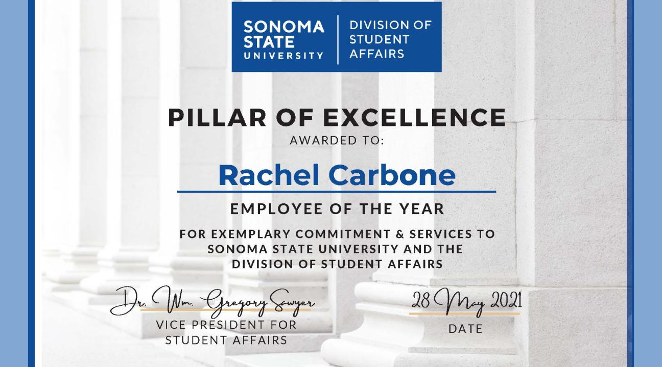 Pillar of Excellence Award Certificate to Rachel Carbone