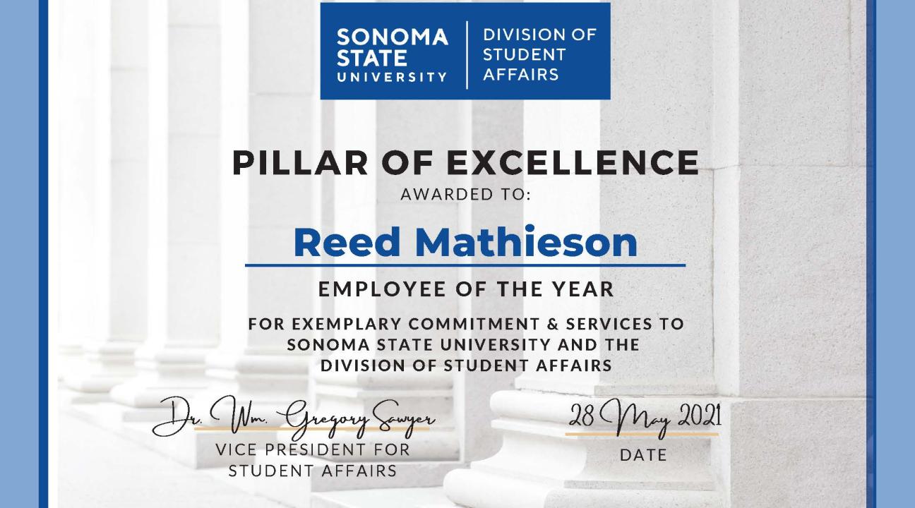 Pillar of Excellence Award certificate for Reed Mathieson