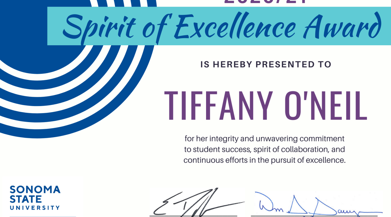 Spirit of Excellence Award certificate for Tiffany O'Neil