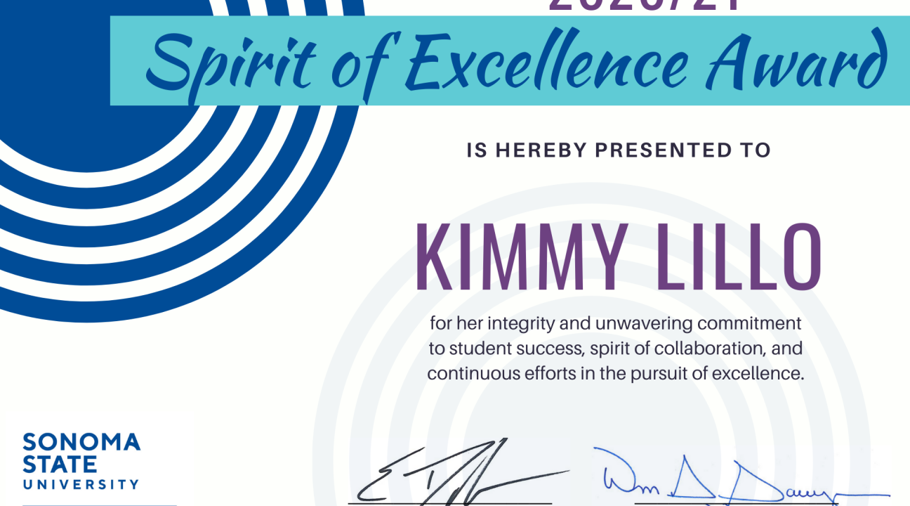 Spirit of Excellence Award certificate for Kimmy Lillo