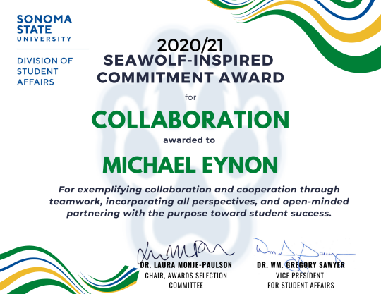 Certificate for Michael Eynon for Collaboration Award