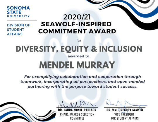 Certificate for Mendel Murray for Diversity, Equity & Inclusion Award