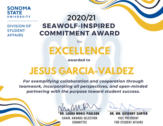 Certificate for Jesus Garcia-Valdez for Excellence Award