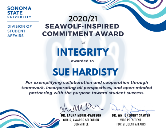 Certificate for Sue Hardisty for Integrity Award