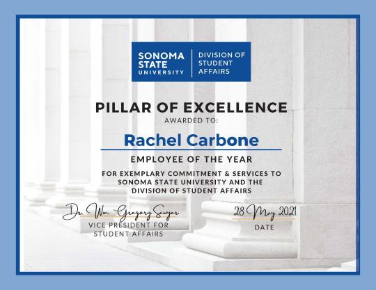 Pillar of Excellence Award Certificate to Rachel Carbone