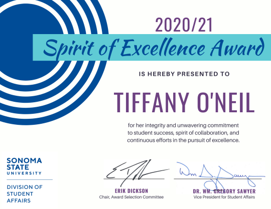 Spirit of Excellence Award certificate for Tiffany O'Neil